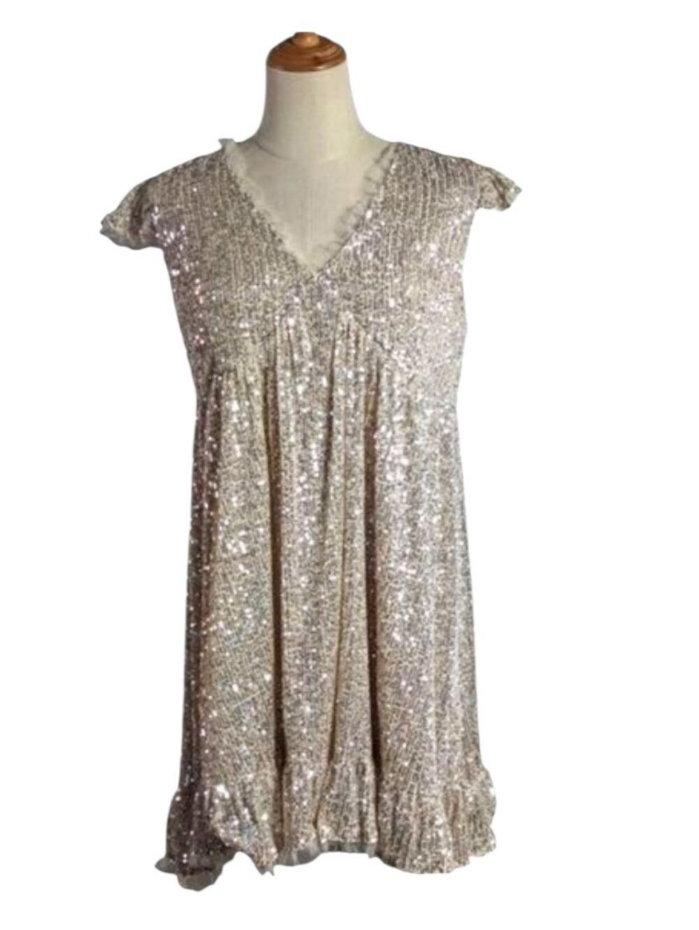 NEW M by MNK Champagne Sequin Babydoll Dress Size Medium